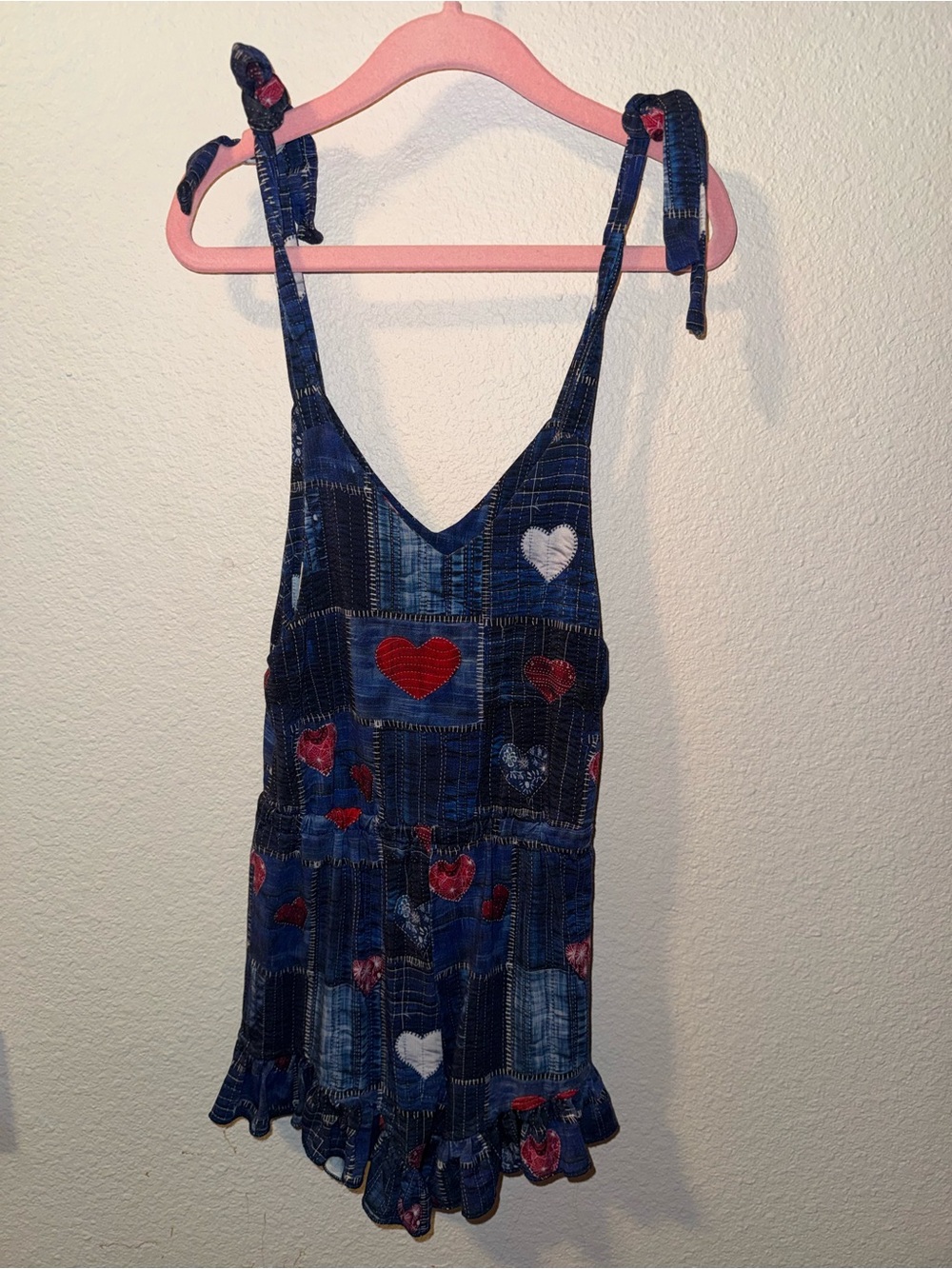 Girls Blue Patchwork Heart Sundress | Tie Shoulder Romper | Ruffle Hem |